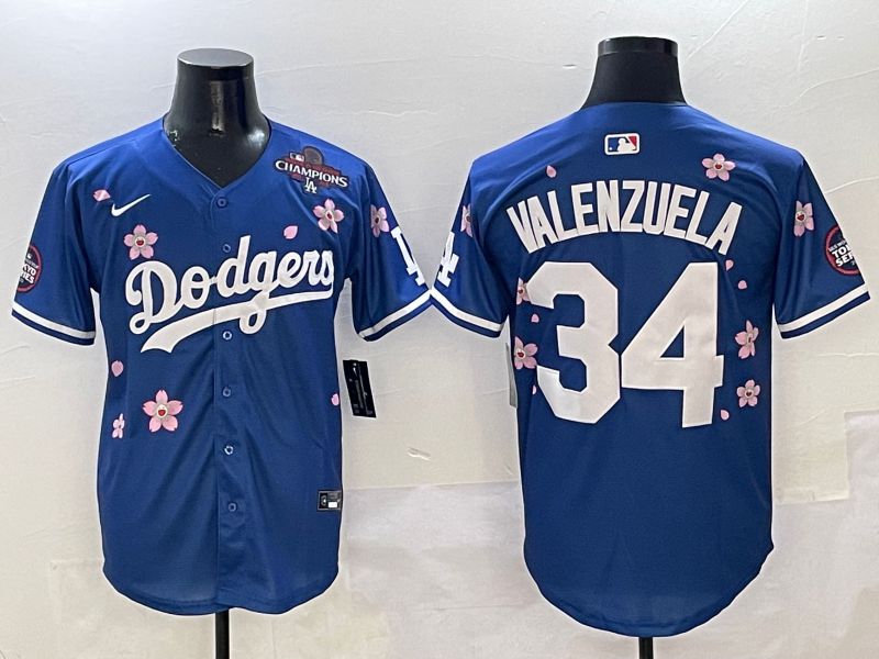 Men Los Angeles Dodgers #34 Valenzuela Blue Sakura Edition 2025 Nike MLB Jersey style 5